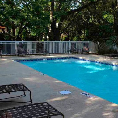 Rectangular pool surrounded by lounge chairs, a white fence and trees.